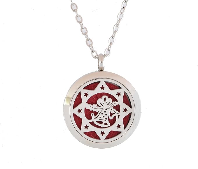 Aromatherapy Essential Oil Diffuser Stainless Steel 30MM Silver Magnetic Locket Pendant with Chain Necklace and Colored Refill Pads & Diffuser Bracelet All in a Velvet Bag (Christmas Bells in a Star)