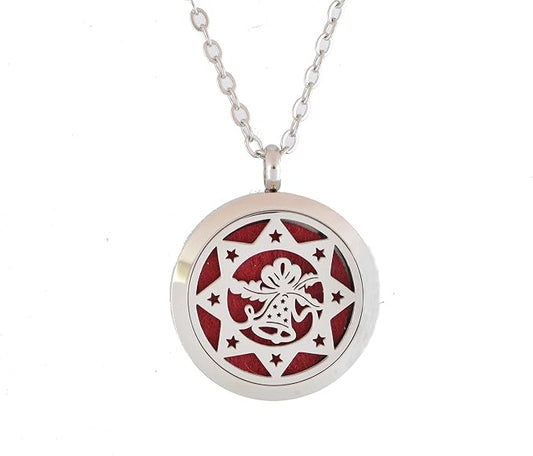 Aromatherapy Essential Oil Diffuser Stainless Steel 30MM Silver Magnetic Locket Pendant with Chain Necklace and Colored Refill Pads & Diffuser Bracelet All in a Velvet Bag (Christmas Bells in a Star)