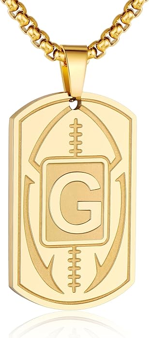 Initial A-Z Dog Tag Necklace for Men - Football Charm Pendant, Stainless Steel Chain 22+2 Inches, Personalized Sports Athletes Jewelry Gift