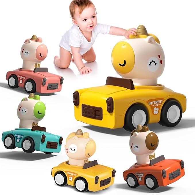 Press to Go Friction Inertia Car, Animal Toddler Toy Cars 1-3, Infant 6-9-12-18 Month Play Figure Vehicle Set, 1st Birthday Valentine's Day Gift for 1-2 Year Old Boy Girl