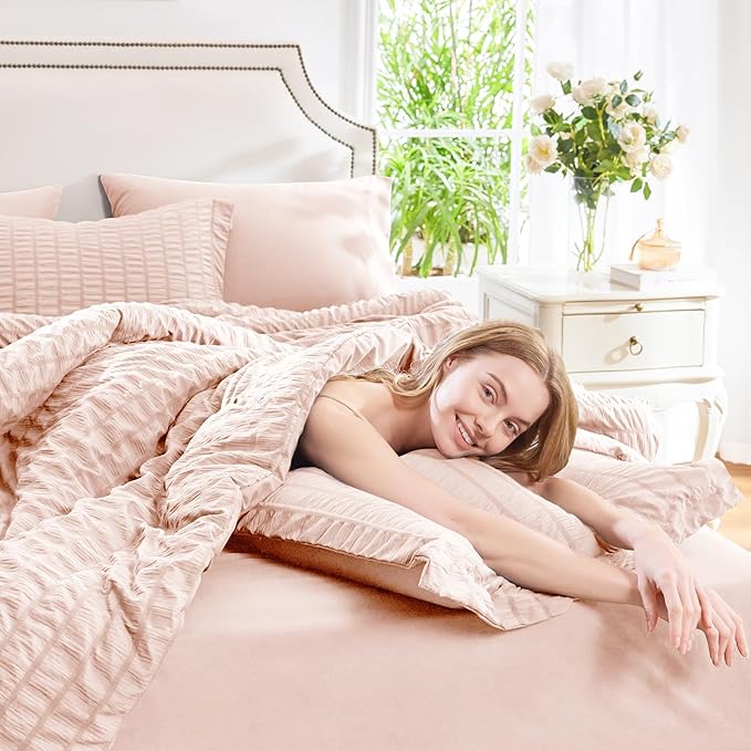 CozyLux Twin XL Comforter Set with Sheets Seersucker Blush Pink 5 Pieces Bed in a Bag, Twin Extra Long Luxury Bedding Sets for College Dorm with Down Alternative Comforter, Sheets, Pillowcase & Sham