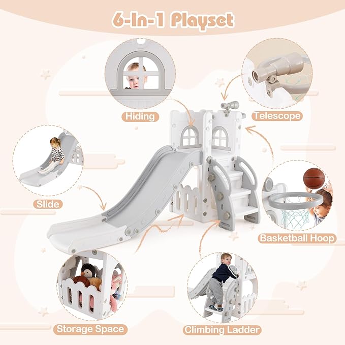 BABY JOY Toddler Slide, 6-in-1 Indoor Kids Slide Playset with Basketball Hoop, Telescope, Climbing Ladder & Storage Space, Freestanding Playhouse & Climber for Kids Aged 1-3 (Gray)