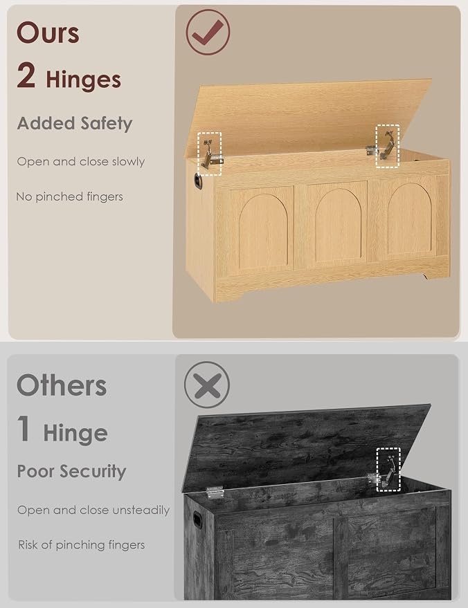 Storage Chest, Wooden Toy Box, Natural 39.4" L | Entryway Shoe Bench, 2 Soft-close Hinges, Finger-safe Flip-Top Lid, Easy Assembly, Farmhouse Large Trunk, Living Room/Bedroom