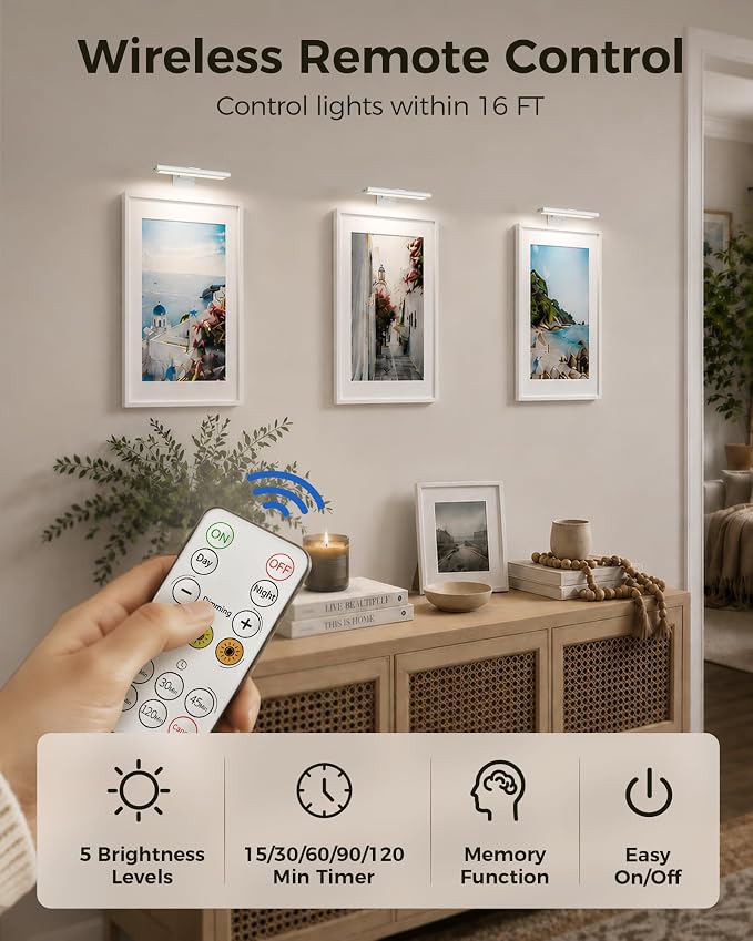 EZVALO Picture Light for Wall, Rechargeable 2400mAh Lights Wireless with IR Remote, 3 Color & Dimmable Magnetic 7.8'' LED Lights Display for Painting, Living Room, Gallery, Bedroom(White-3P)