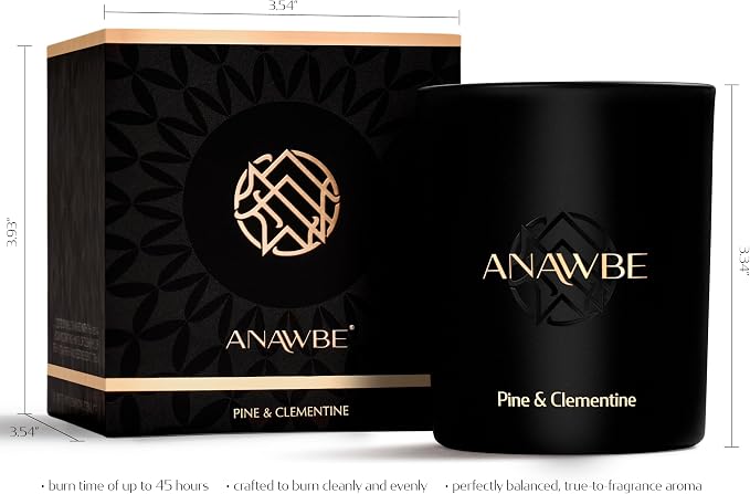 Pine & Clementine Scented Candle, Soy Candles for Men and Women, Pine Candle for Home, Elegant Black Vessel, 45-Hour Long-Burning, Gift-Ready, Aromatherapy Candle