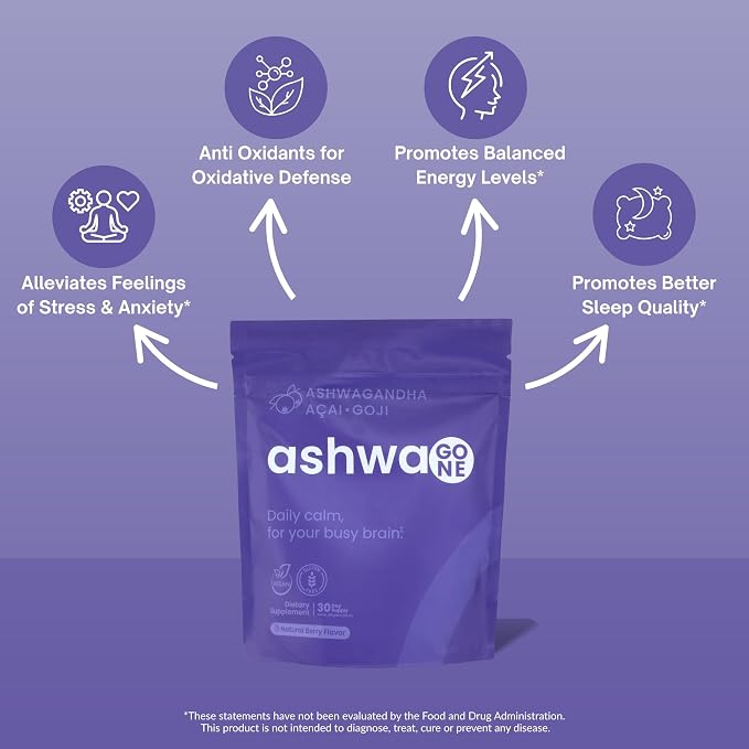 Ashwagone KSM-66 Ashwagandha Powder Drink Mix – Daily Calm & Focus Support – With Magnesium Glycinate, L-Theanine, GABA, Lemon Balm, Acai & Goji Berry – Vegan Supplement – 30 Servings
