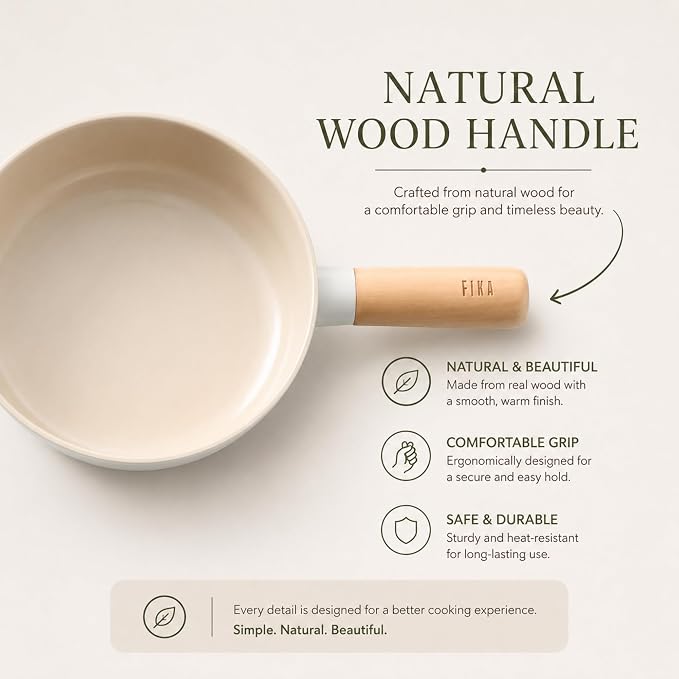 FIKA Small 7 Inch Deep Ceramic Coated Wok Pan, Nonstick Stir Fry & Soup Pan with Natural Wooden Handle, Induction Compatible for All Stovetops, Made in Korea (18cm)