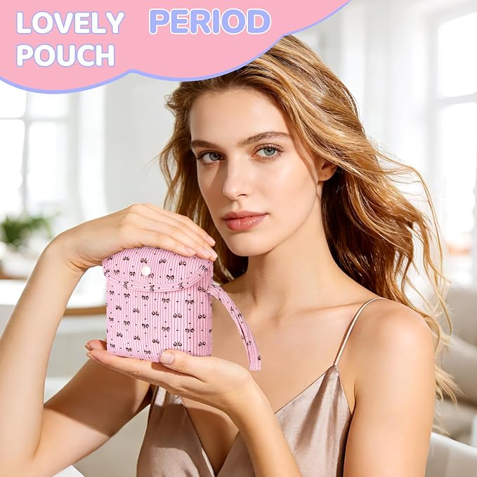 Bow Corduroy Sanitary Pad Pouch Soft Discreet Pad Bags for Period for Women Cute Nursing Pad Holder Menstrual Cup Tampon Pouch First Period Gift Feminine Bag (Black)