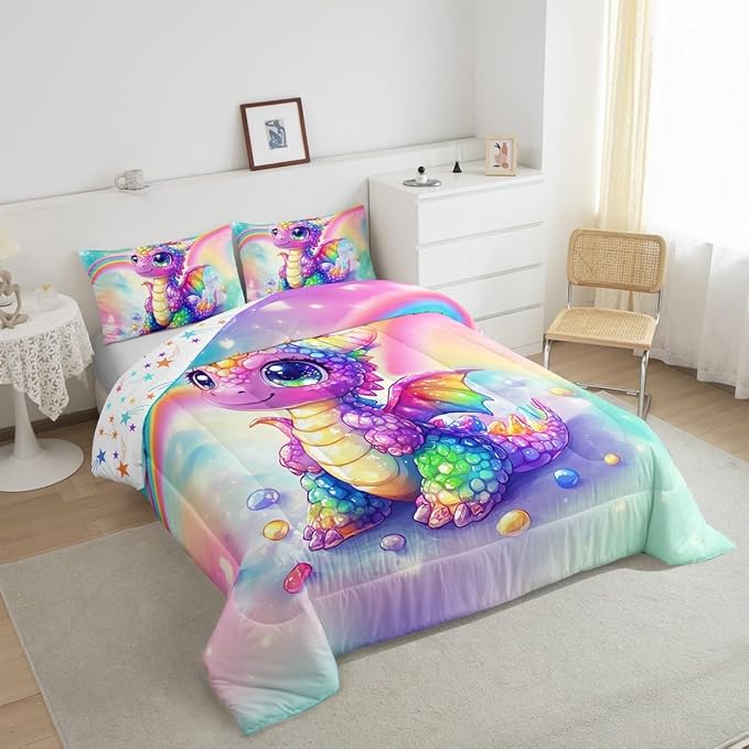 Feelyou Dragon Comforter Set Full Size Dragon Stuff Comforter for Boys Girls Teens Cute Bedding Set Dragon Decor Duvet Set Room Decor Multicolored Quilt Set