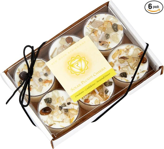 Solar Plexus Chakra Candle by New Moon Beginnings - Chakra Candles - Dried Flower, Herb, & Crystal Candles - Aromatherapy Candles - Soy Candle - Set of 6 Tealights