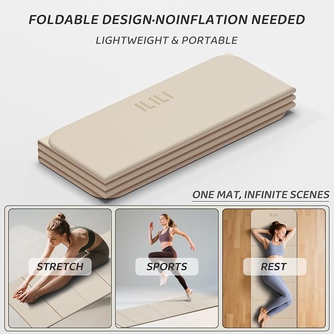 ILILI Foldable Yoga Mat 71 * 24 * 0.3'' - TPE Non-Slip Fitness Mat for Home，Waterproof & Lightweight (2lb) for Home Gym, Pilates & Stretching,Fitness Workouts