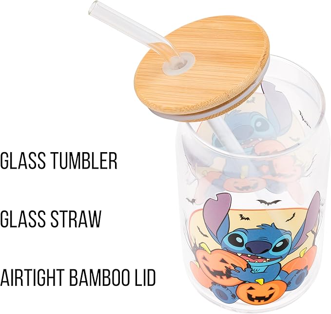 Silver Buffalo Disney Lilo and Stitch Halloween Spooky Pumpkin Patch Jack-O-Lantern Glass Jar Tumbler with Bamboo Lid and Glass Straw, 16 Ounces