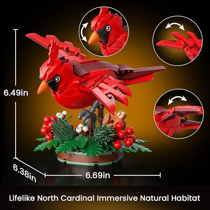 JAKI Northern Cardinal Building Kit, Red Bird with Holly Plant Botanical Collection Building Toys, Relaxing Build for Nature Lovers, Home Décor for Adults Kids