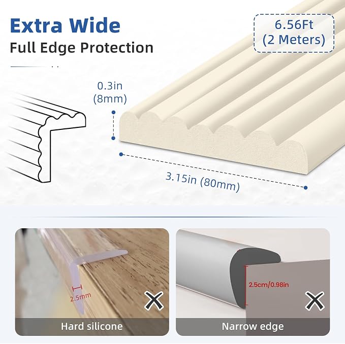 Edge Protectors for Baby, Extra Wide Guards, 6.5ft x 3.15 in, Off White | Soft Foam Bumper Edge Cushion for Table, Furniture, Crib, Wall, Fireplace