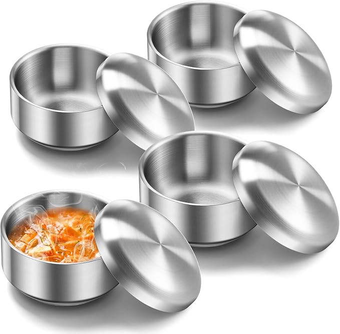 Reallnaive 4 Sets 12 oz Stainless Steel Korean Soup Rice Bowl with Lid for Cereal Kitchen Restaurant Double-walled Anti Scalding Metal Bowls for Soup Salad Noodles Insulated