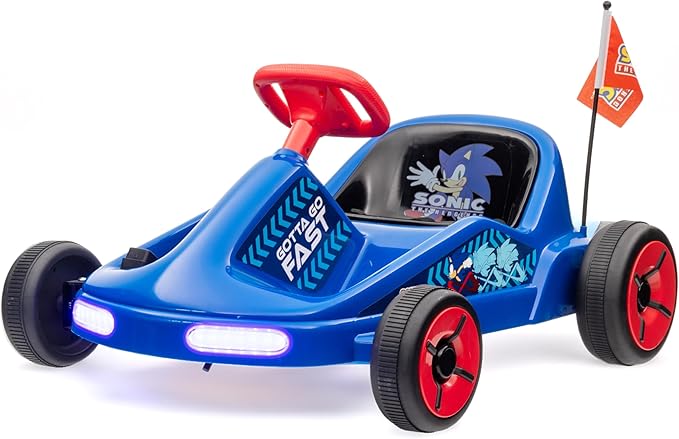 Sonic The Hedgehog 6V Electric Go Kart for Kids, Electric Ride-On Toy with Lights, MP3 Jack, Remote Control, Seat Belt, Ages 3-6, Durable PVC and Iron Construction, Rechargeable Battery