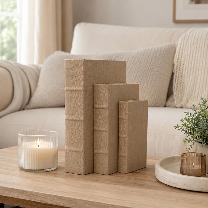 Decorative Faux Linen Book Box Set Neutral Home Decor Display Books, 13" | Living Room Decor, Bedroom Decor, Office Decor, Bookshelf Display, Coffee Table, Farmhouse, Rustic, Vintage Style