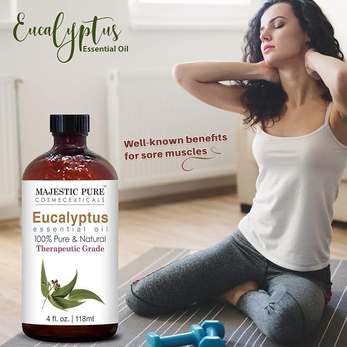 Majestic Pure Lavender Essential Oil and Eucalyptus Essential Oil Bundle - 2 Eucalyptus & 1 Lavender Oil Bottle Combo for Aromatherapy, Massage, Topical and Household Uses - 4 fl oz Each