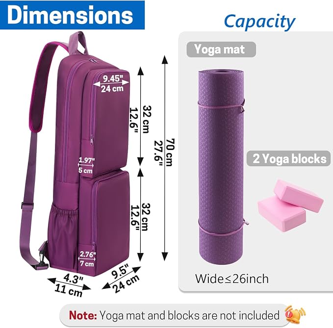 VISEMAN Yoga Mat Bag Carrier Waterproof Yoga Backpack with Multi Pockets, Lightweight Adjustable Yoga Bag for Mat, Yoga Blocks, Yoga Accessories