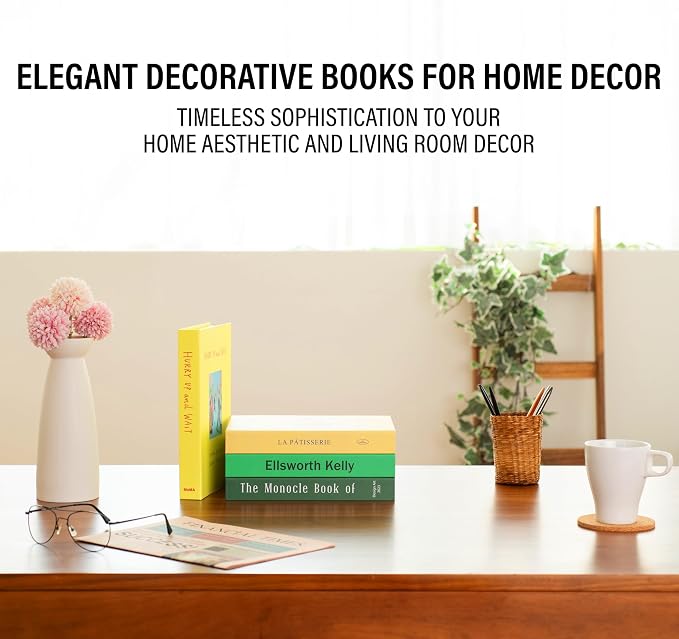 4 Pcs Decorative Books | Faux Neutral Coffee Table & Shelf Decor | Warm Organic Look for Living Room, Office and Entryway - Not Real, Tool-Free 2-Min Setup