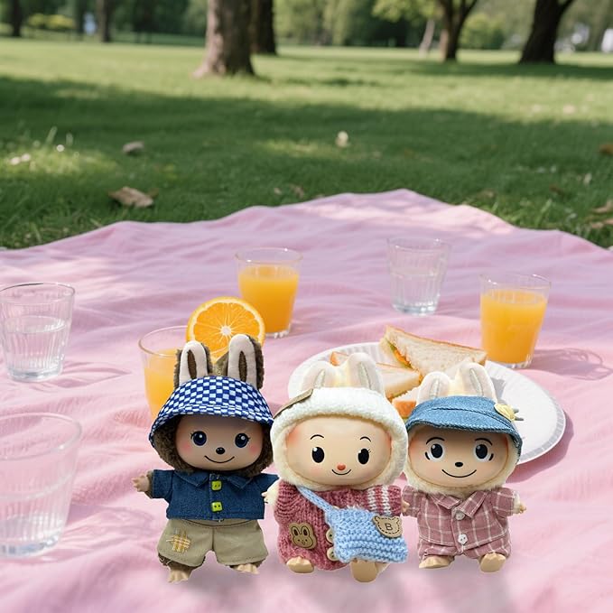 Clothes for Labubu Doll,6.7 Inch Doll Clothing Set - 3 Pieces of Handmade Clothes and Accessories for 17cm Plush Toys -Pink and White Bunny Sweater + Blue Shoulder Bag + White Headband