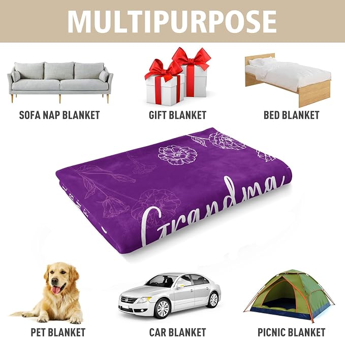 GiltGlimmer Grandma Gifts, Grandma Floral Blanket 80" x 60", Purple | Birthday Gifts for Grandma from Grandkids, to My Grandmother Soft Flannel Throw Blanket for Christmas Mothers Day