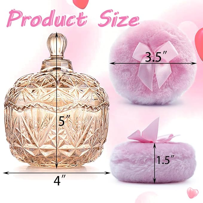 Body Powder Puff with 4“ Crystal Glass Storage Jar Including 1 Pink Puff and 1 Skin-Tone Puff Suitable for Loose Powder Soft Washable Reusable Fluffy Puff Perfect for Skincare(Crown-Amber)