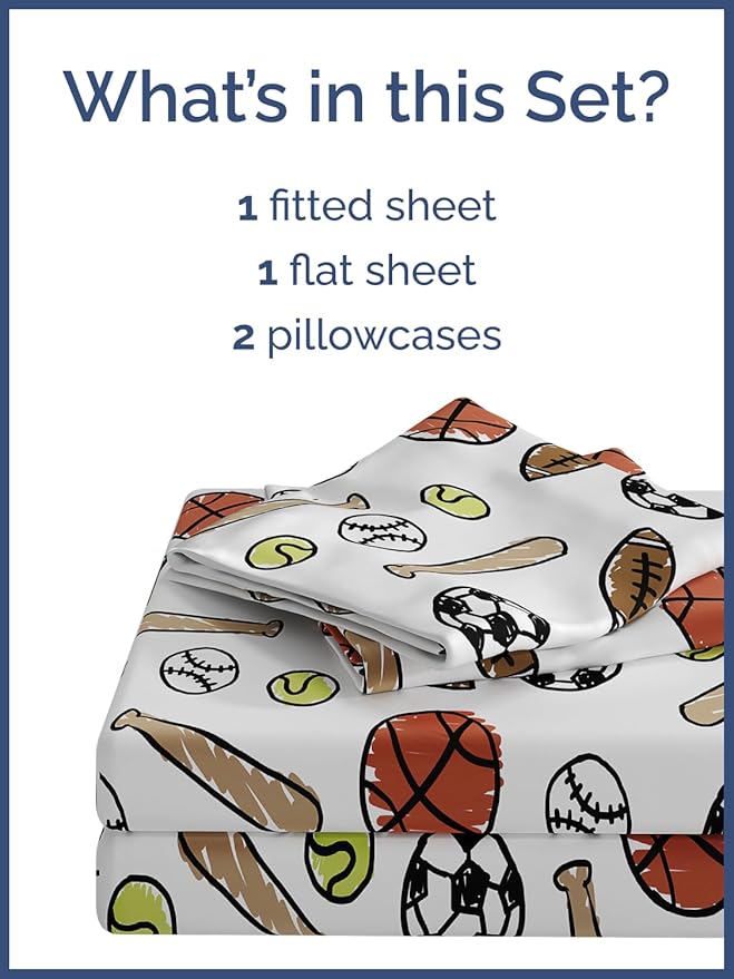 Kids Queen Size Bed Sheet Set - 4 Piece Kids Loft Bed Sheets - Soccer, Basketball, Football, Tennis & Baseball - Soft, Cute - Breathable & Machine Washable - Bed Set for Boys, Girls, Teens & Toddlers