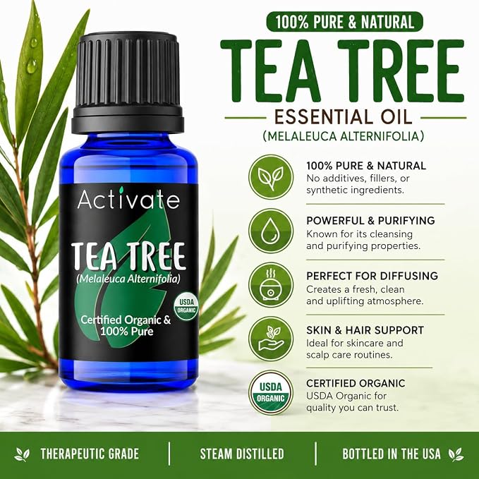 Activate Organic Tea Tree Essential Oil 10ml | 100% Pure Steam Distilled Melaleuca Alternifolia | Aromatherapy Oil for Diffusers, Massage, Humidifiers, Soap Making, Candles & DIY