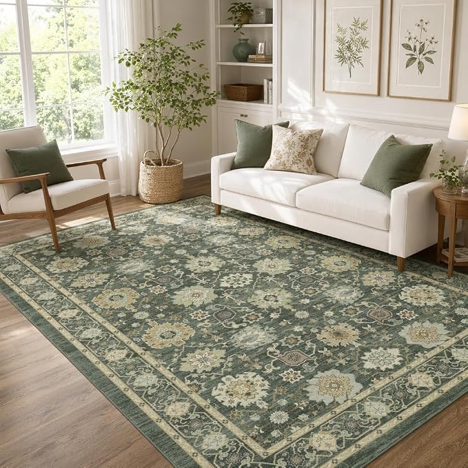 AMADA HOMEFURNISHING 8x10 Area Rug for Living Room, Vintage Washable Area Rug Low-Pile & Non-Slip Carpet for Bedroom Dining Room Nursery Home Office, Olive Green