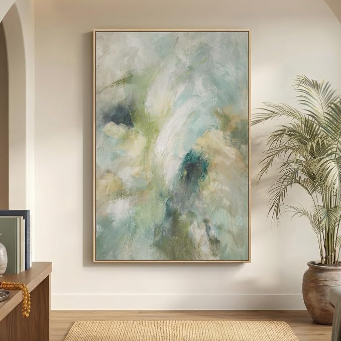 Extra Large Framed Teal Abstract Wall Art, Oversized Vertical Sage Green Canvas Prints Paintings Artwork for Walls, Modern Minimalist Pictures Wall Decor for Living Room Bedroom Hallway 40x60 In