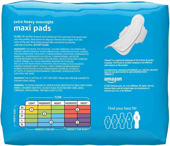 Amazon Basics Thick Maxi Pads with Wings for Periods, Feminine Pads with Leakage Protection, Extra Heavy Overnight Absorbency, Unscented, Size 5, 80 Count (4 Packs of 20) (Previously Solimo)