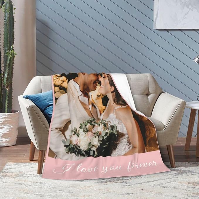 Custom Blanket with Picture Text, Personalized 1 Photo Blanket, HD Printing Customized Flannel Throw Blanket Gifts for Mom Dad Couple Girlfriend Boyfriend Wife Husband Christmas Wedding Gift