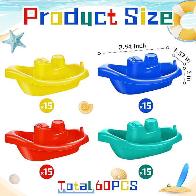 Woanger 60 Pcs Little Boat Bath Toys Stackable Floating Plastic Water Toys for Baby and Toddler Summer Pool and Bathtub Party, Vibrant, 4 Colors
