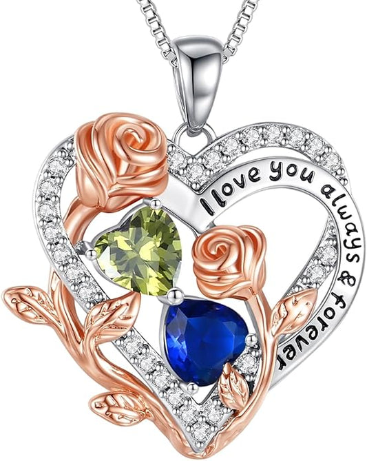 I Love You Birthstone Necklace, 925 Sterling Silver Heart Pendant with CZ Diamond Stones, Birthday Gifts for Women, Romantic Gift for Wife, Girlfriend, Her, Anniversary, Valentine's Day, Christmas