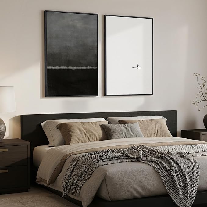 Large Framed Black and White Abstract Wall Art for Living Room, Set of 2 Modern Minimalist Canvas Prints Artwork for Walls, Seascape Pictures for Bedroom Dining Room Hallway Office Wall Decor 24x36 In