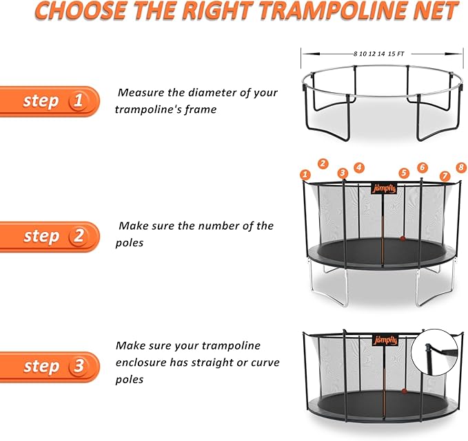 jumpfly 10/12/14FT Trampoline Net(Net Only),Trampoline Replacement Safety Enclosure,Fit for 8/6 Poles Round Frame Trampoline,Breathable&Weather-Resistant Trampoline Accessories with Adjustable Straps