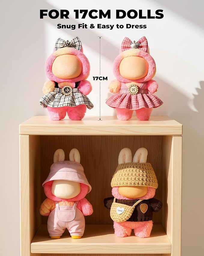 (4-Pack) 17cm Clothes Set, Black Plaid Outfit & Pink Plaid Dress Set with Bow Clip and Metallic Details, Cute Pink Clothing, Knitted Doll Clothes with Hat & Crossbody Bag for 17cm Doll