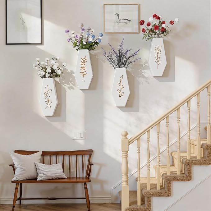 Wood Wall Vase 4 Pack, Modern Farmhouse & Boho Wall Decor Wooden Hanging Planter Set, Minimalist Wall Mounted Vase for Living Room, Entryway, Hallway, Bathroom, Dining Room(White)
