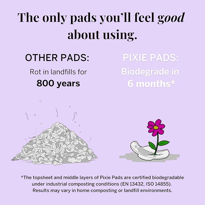 Pixie Organic Pads Ultra Thin Cotton with Wings for Women - Leak-Proof & Moisture-Wicking for Feminine Care - Compostable, Unscented Menstrual Pads - Regular Absorbency - FSA Eligible - 48 Count
