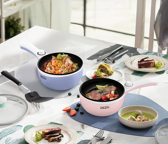 Dezin Electric Pot, 1.5L Non-Stick Portable Hot Pot Electric Upgraded, 700W | Dual Power, Electric Pot for Cooking Steak, Egg, Soup, Mini Ramen Cooker for Dorm, Travel, Camping, RV, Office, Pink Pan