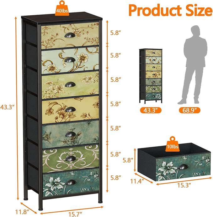 7 Drawer Tall Dresser for Bedroom, Vintage Fabric Chest of Drawers | Tall Nightstand for Dorm, Vertical Storage Tower Organizer, Fabric Drawer Units, Retro Skinny Dresser for Closet, Entryway
