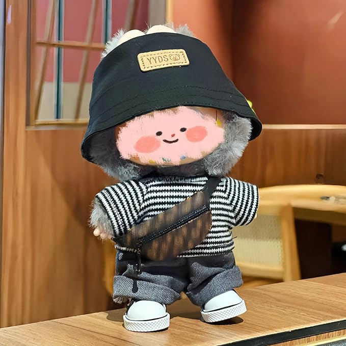4/5/6 Set Doll Clothes Compatible with 17cm labubu, Clothes for Dolls Outfit, Contain Hat +Glasses+ Summer Camisole Dress+Mini Bag+ Mini Camera + Shoes, No Doll Include (Hand Woven)