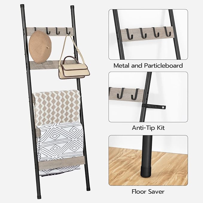 HOOBRO Blanket Ladder, 5-Tier Towel Rack with Hooks, Wall-Leaning Blanket Rack, Decorative Display Ladder Shelf, Scarves, Industrial, Living Room, Bedroom, Greige and Black BG52CJ01