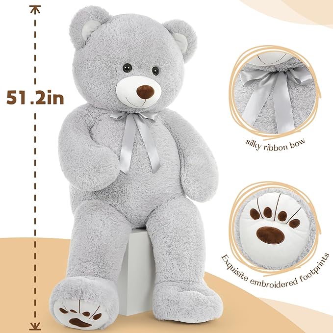 MorisMos Giant Teddy Bear Stuffed Animal, Big Teddy Bear Life Size, 51in Large Bear Cuddly Plush for Baby Shower, Birthday, Valentine(Grey)