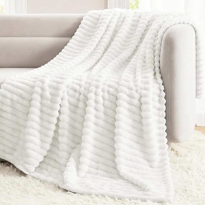 Off White Twin Blanket for Bed & Couch, 60 x 80 Inch | 300GSM Ribbed Fleece Blanket, Soft, Cozy & Lightweight, OEKO-TEX Certified, All-Season Use for Travel, Dorm & Home Decor