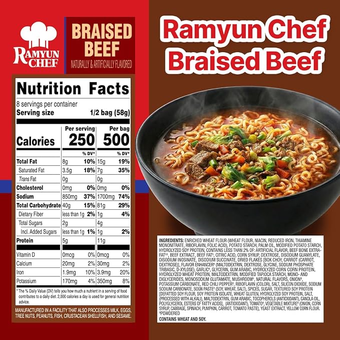 Nongshim Ramyun Chef, Instant Ramyun Noodles with Soup Mix, Braised Beef, 4.02 Oz (Pack of 4)