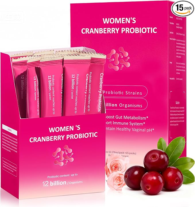 Women Probiotic Powder -13 Strains, 12 Billion CFUs - Probiotics for Women Vaginal Health, pH Balance, Gut Metabolism and Immune Support, Cranberry Flavor, Sugar Free, 15 Packs