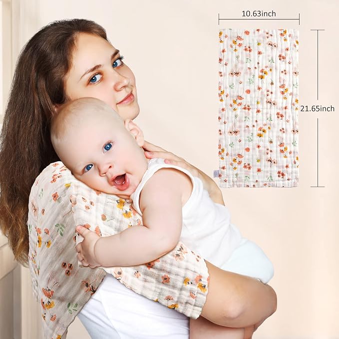 Viviland Baby Muslin Burp Cloths, 100% Cotton Super Absorbent Washcloths for Baby Girl and Boy, 10 x 20 inches 6-Layer Baby Bath Towels, Floral Pattern 4 Pack