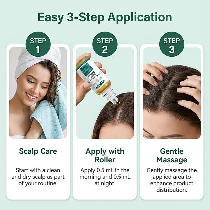 Hair Growth Care Serum Roll-On with Rosemary, Niacinamide, Amino Acids, Ginger, Biotin, Castor Oil, Batana & Caffeine, Nourishes Scalp for Thicker-Looking, Healthy Glow Hair, 30ml